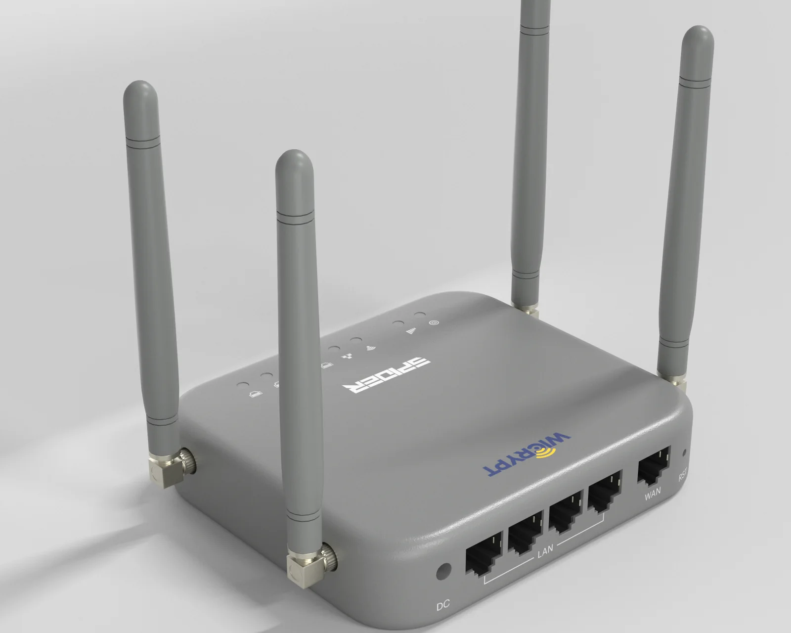 The Wicrypt Spider hotspot device, with WAN, LAN and SIM.